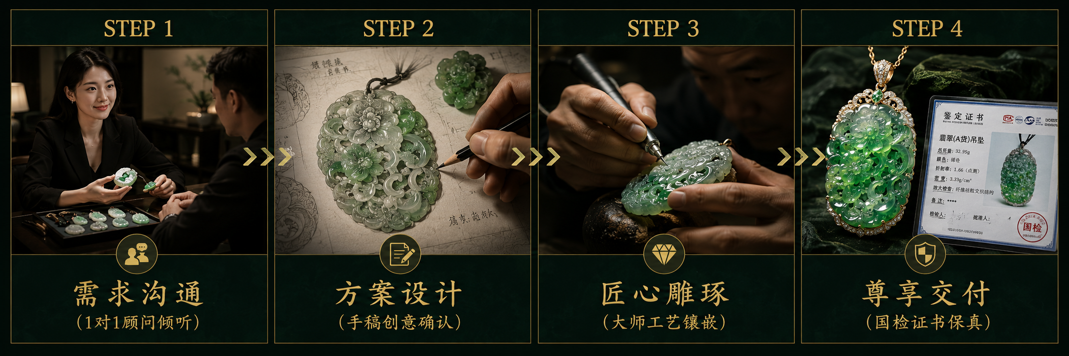 月牙缘私人定制四步流程：沟通、设计、雕刻、交付